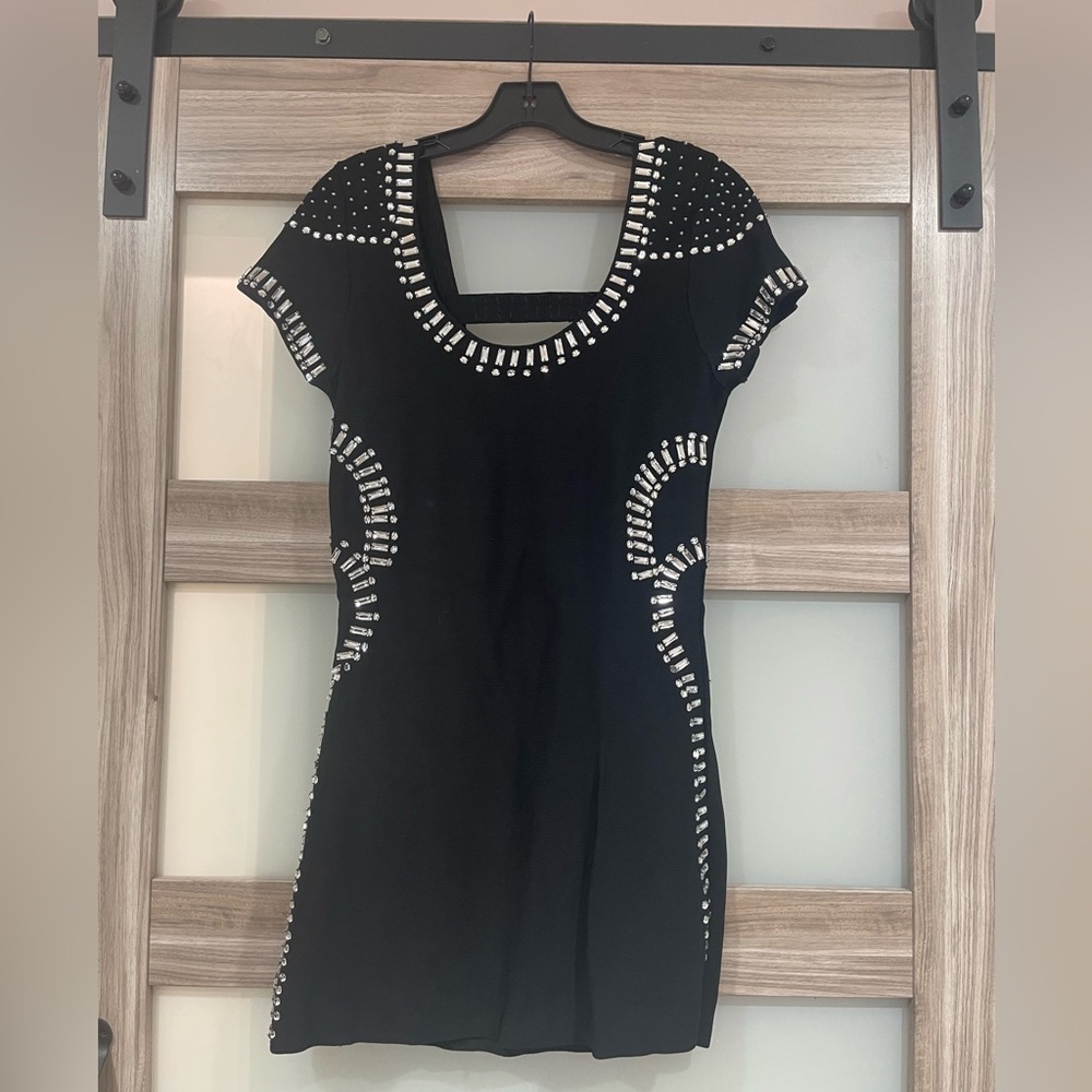 Guess Black With Crystal Rhinestones Embellished Bodycon Mini Dress
